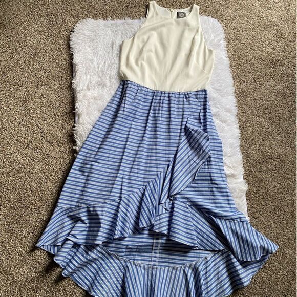 Vince Camuto Tank Dress High Low Ruffle Front Blue White Stripe Nautical Long 2 - Picture 1 of 10